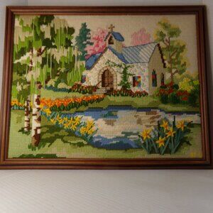 Vintage Church In The Glenn Needlepoint Stitchery Framed Art Picture 20'' x 16''